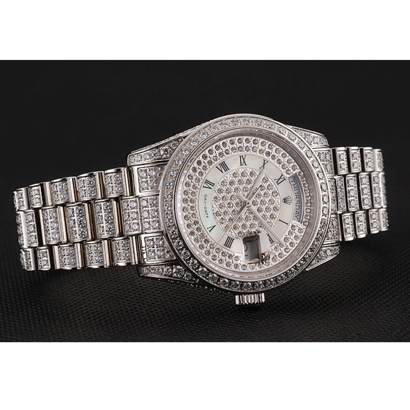 Aaa replica watch Pave Diamond Diamond Rolex Day-Date Diamond Swiss Dial Bracelet 1453950 Case 0615